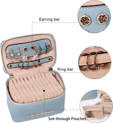 Vista 4 de Angelinas Palace Estuche organizador de joyas regalos de dama de honor bolsa de viaje caja de cuero vegano para collar aretes pulsera anillo azul