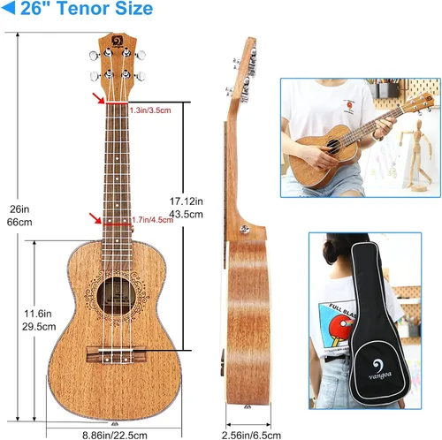 Vista 11 de Ukelele tenor, ukelele acústico eléctrico de 26 pulgadas, ukelele de caoba profesional, set con kit de inicio con ecualizador
