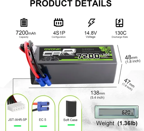 Vista 2 de OVONIC 4S LiPo Batería 7200mAh 14.8V 130C RC Batería con conector EC5 (paquete de 2)