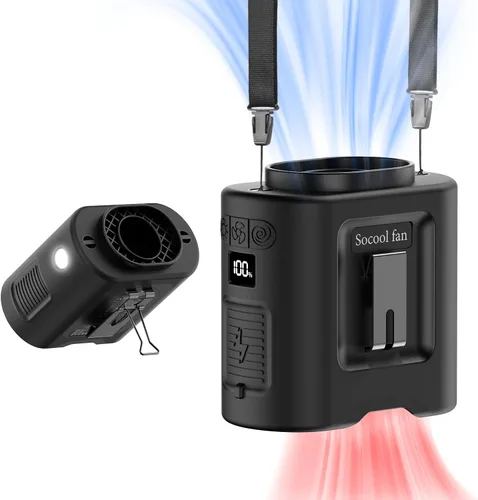 Vista 10 de Socool - Ventilador portátil de 10 000 mAh, clip para cinto, batería recargable, 5 velocidades, linterna, para el cuello, manos libres, 40 horas