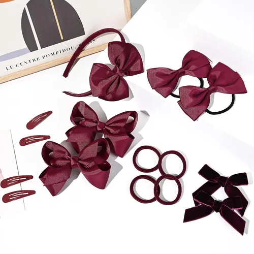 Vista 7 de DEEKA Juego de accesorios para el cabello de uniforme burdeos, 15 piezas, lazos para el pelo, pinzas para el cabello, diadema, lazos para el cabello
