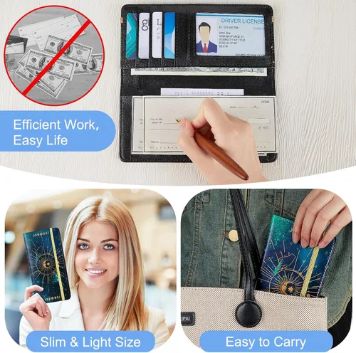 Vista 6 de Funda para chequera personal, cartera RFID con soporte para bolígrafo y divisor de plástico transparente integrado para cheques duplicados, Cielo