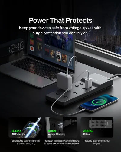 Vista 4 de Belkin - Protector de sobretensiones de 8 salidas con 8 tomas de corriente alterna y enchufe plano de 8 pies de largo, cable de extensión resistente