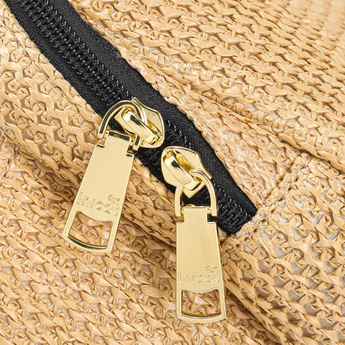 Vista 8 de Riñonera de verano de paja con bloqueo RFID para mujer 2025, bolsa cruzada con correa ajustable, Negro (Boho Black)