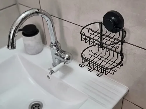 Vista 9 de Jabonera para ducha, potente sistema de vacío, resistente al óxido, 304, soporte para esponjas de cesta de acero inoxidable con ganchos de afeitar