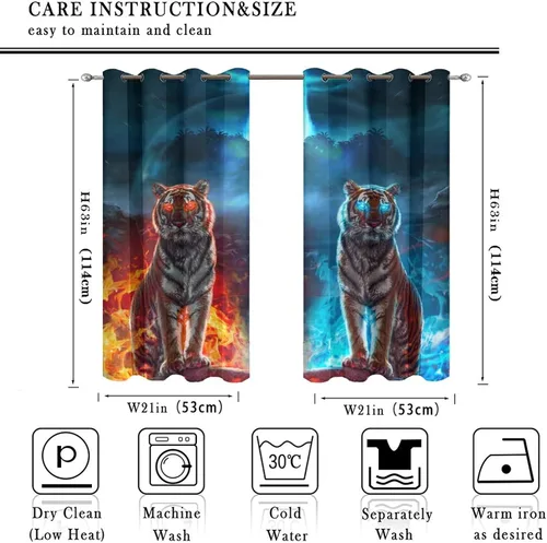 Vista 2 de Cool King of The Forest - Cortinas opacas con diseño de tigre anime, fantasía, animal, fuego, tigre, hielo, con ojales, ahorro de energía, 2