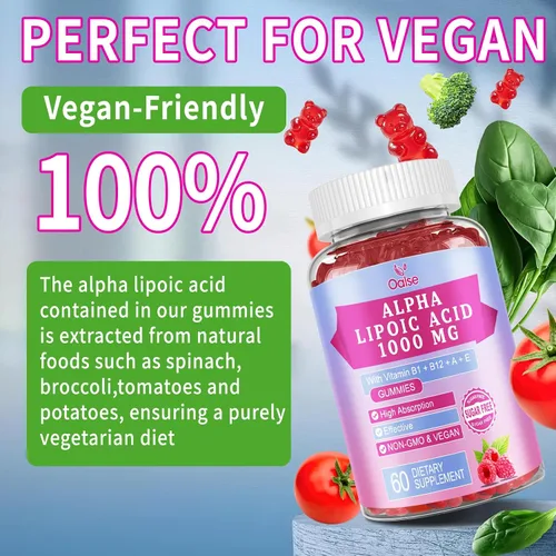 Vista 6 de Gomitas de ácido alfa lipoico de 1000 mg con vitamina B1, B12, A, E, suplemento de ALA masticable sin azúcar de alta absorción para apoyo