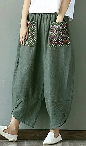 Vista 5 de Hwayslon Pantalones holgados de lino de pierna ancha para mujer, estilo casual, con retazos, cintura elástica, pantalones Harlan, talla M, XXL
