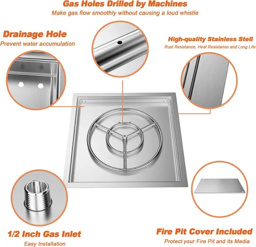 Vista 3 de Skyflame Kit de hoguera cuadrada de acero inoxidable de 24 x 24 pulgadas con bandeja para quemador de fuego, anillo de quemador de fuego y tapa