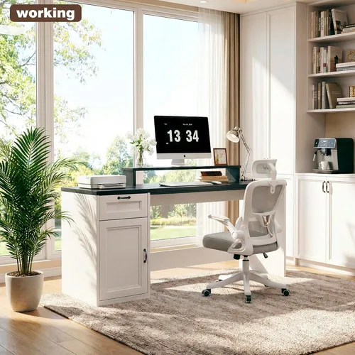 Vista 6 de HUAHUU Escritorio ejecutivo de granja de 63 pulgadas con cajones, escritorio moderno para computadora con tomas de corriente, escritorio de oficina