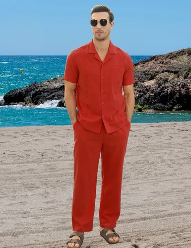 Vista 5 de TURETRENDY Conjunto de 2 piezas de lino para hombre, camisa bordada con botones y pantalones sueltos, color rojo ladrillo, talla XXL, Rojo ladrillo