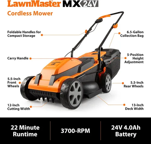 Vista 5 de LawnMaster 20VMWGT Cortacésped de 24V Máx de 13 pulgadas y Recortadora de Césped de 10 pulgadas Combo con 2x4.0Ah Baterías y Cargador