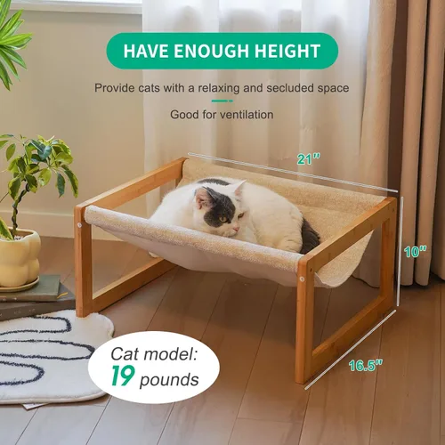 Vista 7 de kiplant Hamaca grande para gatos, hamaca elevada de madera de bambú para mascotas, 21 x 16.5 pulgadas, adecuada para gatitos, cachorros, conejos