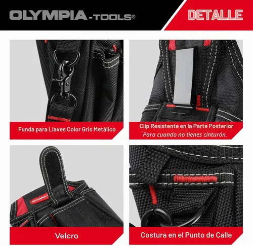 Vista 6 de Olympia Tools Bolsa de herramientas de 7 bolsillos con clip para cinturón, negro y rojo