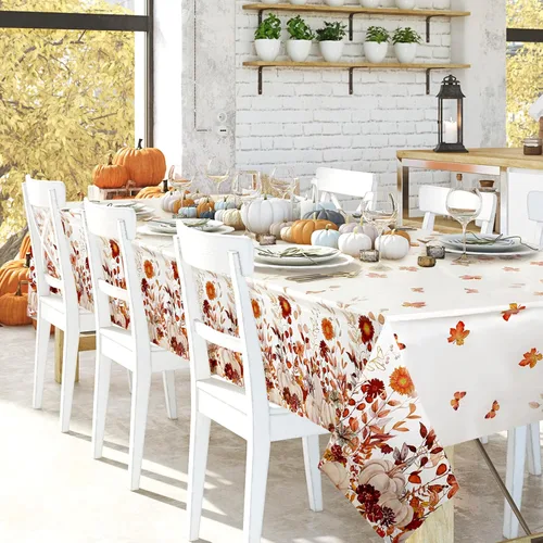 Vista 5 de Newwiee 4 manteles de plástico de otoño, manteles de plástico de Acción de Gracias, diseño de calabaza silvestre, mantel rectangular de otoño