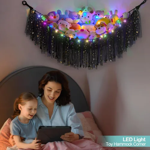 Vista 4 de FIOBEE Red de Animales de Peluche o Hamaca con Luz LED, Hamaca de Juguetes Colgante Organizador de Almacenamiento Soporte para Animales de Peluche