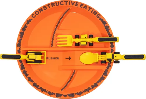Vista 8 de Set de plato y utensilios para comer Constructive Eating con motivo de construcción, Amarillo y naranja