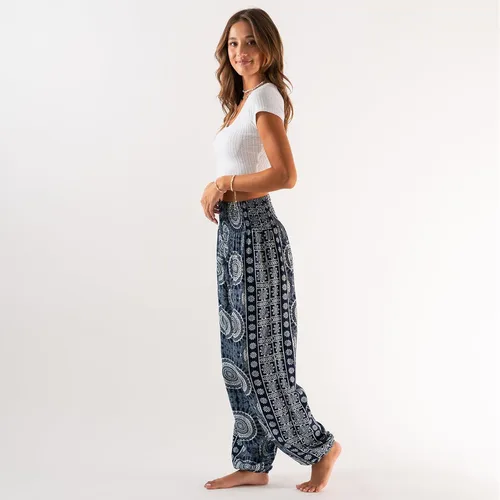 Vista 3 de Lotus and Luna Pantalones de harén para mujer, pantalones tailandeses para playa y descanso, cintura alta, pantalones bohemios, pantalones geniales