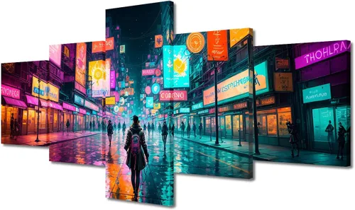 Vista 19 de Póster de 5 paneles en lienzo para decoración de pared, diseño de centro urbano Cyberpunk, impresión moderna, decoración de pared para el hogar