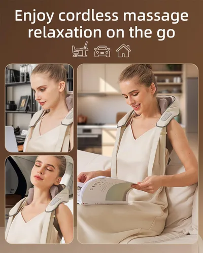 Vista 7 de Masajeador de cuello para aliviar el dolor de tejido profundo, alivia la tensión, amasador con calor, mejora la circulación, alivia el dolor Beige