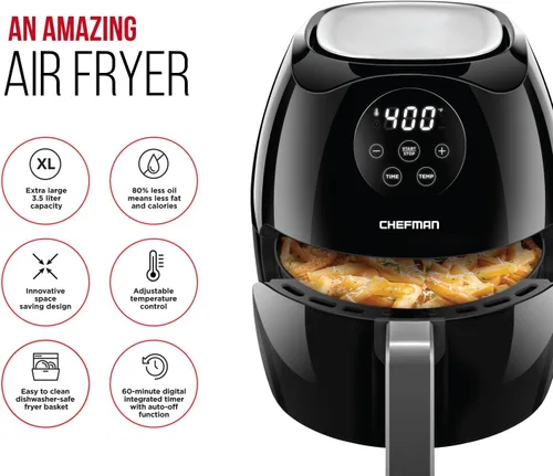 Vista 2 de Chefman Horno digital con pantalla táctil de 3.5 cuartos de galón con cesta plana que ahorra espacio, freidora de aire saludable sin aceite