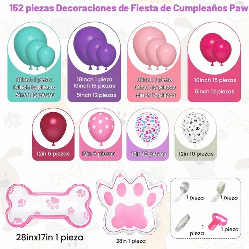 Vista 2 de Kit de arco de guirnalda de 147 piezas de globos con diseño de pata con globos con estampado de pata de perro rosa, morado, turquesa, globos