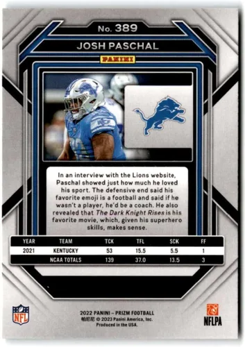 Vista 2 de 2022 Panini Prizm Football #389 Josh Paschal RC Rookie Detroit Lions Official NFL Trading Card