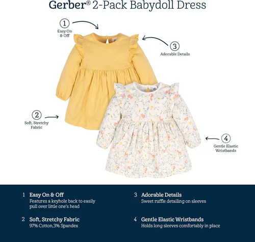 Vista 6 de Gerber Paquete de 2 vestidos de manga larga para bebés y niñas pequeñas