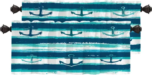 Vista 22 de Maritime Ocean Blackout Tier Curtains, Anchors Nautical Art Half Window Drapes for Kitchen with Rod Pocket,Room Darkening 2 Pack 26X24 Inches