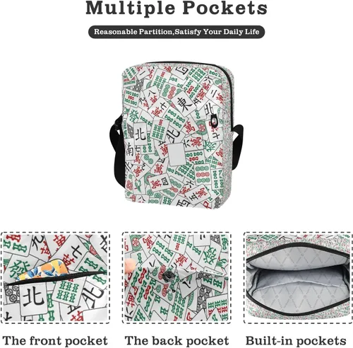 Vista 2 de Bolso tipo mensajero blanco con azulejos Mahjong para mujeres y hombres, bolso cruzado para el hombro, para teléfono celular, bolso lateral