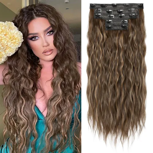 Vista 27 de REECHO Extensiones de cabello con clip, 5 piezas, de 24 pulgadas, de color rubio ceniza, extensiones de cabello con ondas largas y sueltas, HE002