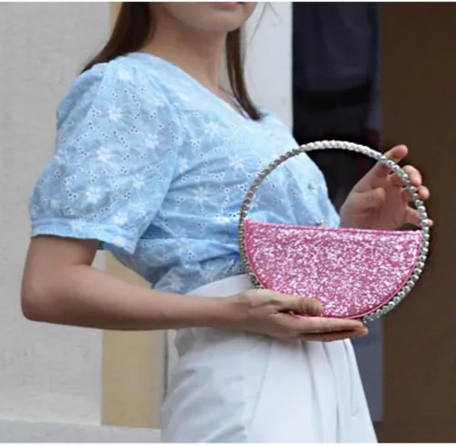 Vista 4 de Mini corazón forma redonda Rhinestone embrague bolso bolso marco diamante brillo lentejuelas brillantes bolso de noche boda fiesta