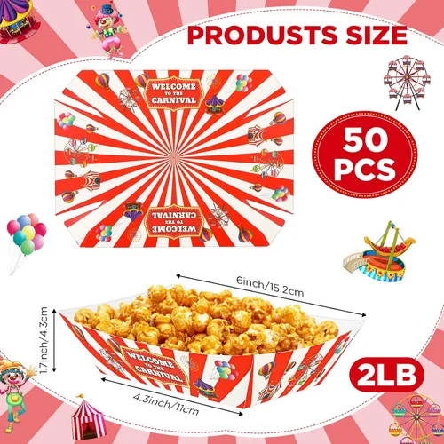 Vista 2 de Tenceur 50 Piezas Bandejas de Papel de Carnaval para Alimentos 2lb Decoraciones de Carnaval Cuencos de Nachos a Rayas Rojas y Blancas Barcos
