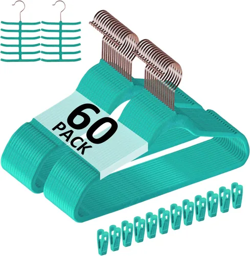 Vista 23 de VECELO Perchas de Terciopelo Premium para Ropa de Servicio Pesado (Paquete de 25) - Antideslizantes y que Ahorran Espacio con 6 Clips para Dedos