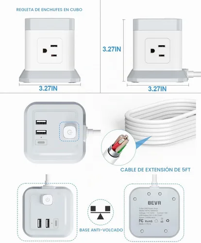 Vista 7 de BEVA Regleta de alimentación con USB - Estación de carga de escritorio con cable de extensión de 5 pies de largo, cubo de regleta con 4 tomas