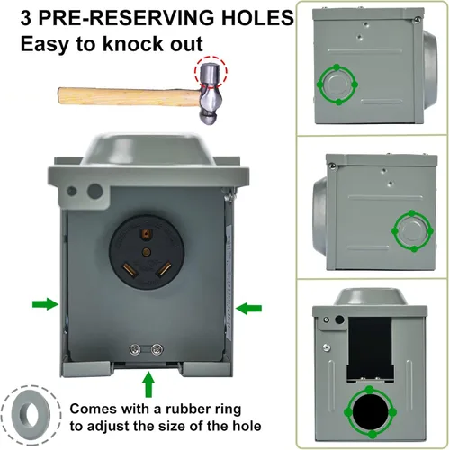 Vista 2 de EyGde Caja de toma de corriente RV de 30 amperios, orificio preestablecido mejorado fácil de golpear receptáculo de RV, panel eléctrico impermeable