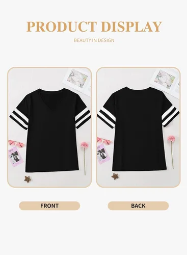 Vista 63 de Eytino Blusas de talla grande para mujer, cuello en V, manga corta, a rayas, casual, holgada, con bolsillo (1X-5X)