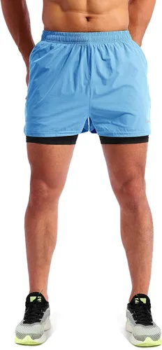 Vista 2 de Pudolla Mens 2 in 1 Running Shorts 5" Quick Dry Gym Athletic Workout Shorts for Men with Phone Pockets