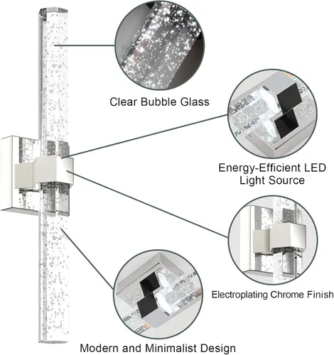 Vista 2 de Aipsun Lámparas de baño, luces cromadas con cristal de burbujas, accesorios de iluminación modernos de 19.7 pulgadas, accesorios de iluminación