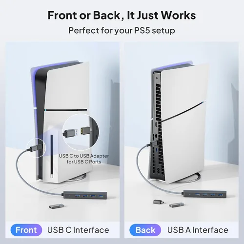 Vista 5 de Elebase USB Hub for PS5 Pro/Slim,4 Port USB 3.0 Multiple Splitter 1 in 4 Out with 0.7FT Long Cable,5Gbps High-Speed Extender Hub with OTG & USB