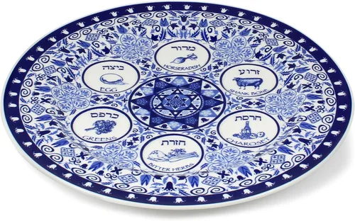 Vista 5 de Plato de porcelana para Pascua Seder de 13 pulgadas, bandeja redonda renacentista con patrón floral adornado, bandeja de pessah extra grande