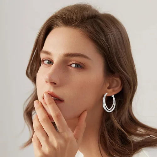 Vista 2 de Parmuz Aretes de plata de ley 925, aros grandes y grandes para mujer, aretes de aro torcidos ligeros con circonita cúbica, joyería hipoalergénica