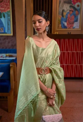 Vista 3 de Mujeres indias Tussar seda tejido de telar de mano, ropa de fiesta, diseño de sari Karva Chatuth Festival diseñador musulmán Sari 3306
