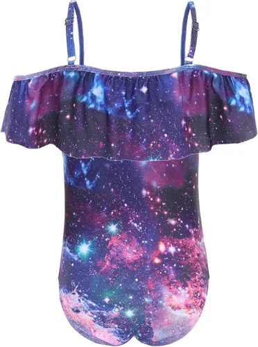 Vista 2 de Zestonie Traje de baño de una pieza para niñas con hombros descubiertos, traje de baño hawaiano para niños de 3 a 16 años