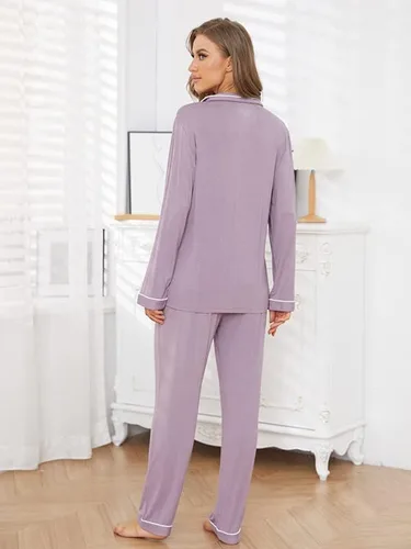 Vista 3 de Pijama con botones para mujer, de manga larga, suave, para descansar, tallas XS-XXL