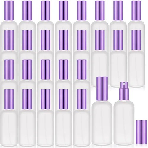 Vista 9 de Roshtia 30 botellas vacías decorativas transparentes de 0.33 onzas fluidas de color madera de haya con atomizador de perfume recargable, con bomba