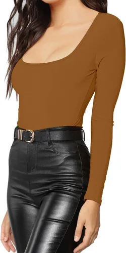 Vista 159 de MANGDIUP Body esencial para mujer, cuello redondo, manga larga, ajustado, elástico, de algodón y elastano