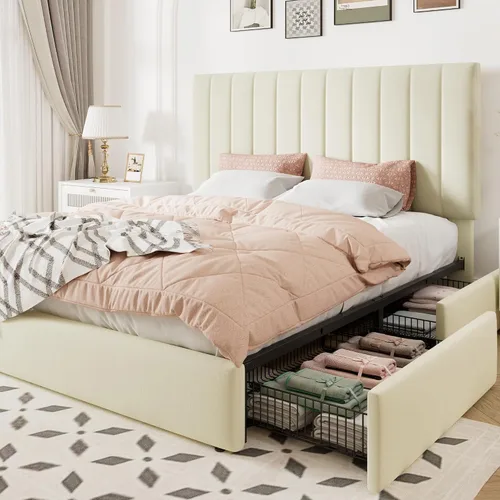 Vista 14 de Allewie Base de cama de almacenamiento de tamaño matrimonial, cabecera ajustable capitoné de canal vertical, plataforma tapizada de terciopelo con 4