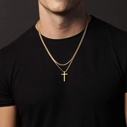 Vista 2 de Ursteel - Collar con dije de cruz de acero inoxidable para hombre, cadena de eslabones cuadrados de 16 a 30 pulgadas, color plateado, negro, dorado