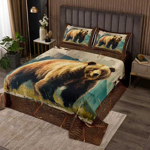 Vista 6 de Erosebridal Juego de edredón de oso tamaño individual, juego de colcha de animales de la selva para niños y niñas, juego de ropa de cama retro